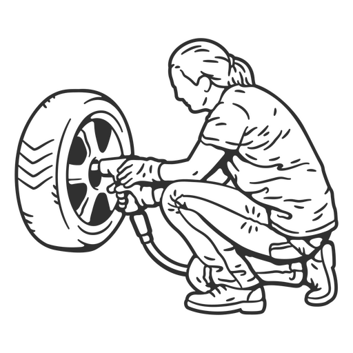 Schwarz-weiße Illustration einer Person, die an einem Reifen arbeitet PNG-Design