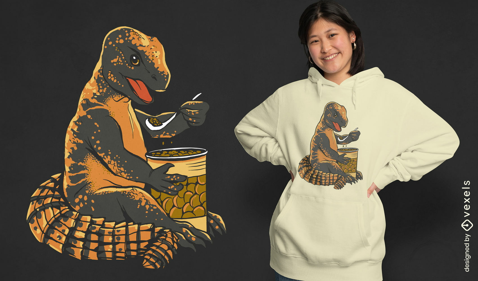 Diseño de camiseta de lagarto comiendo frijoles.