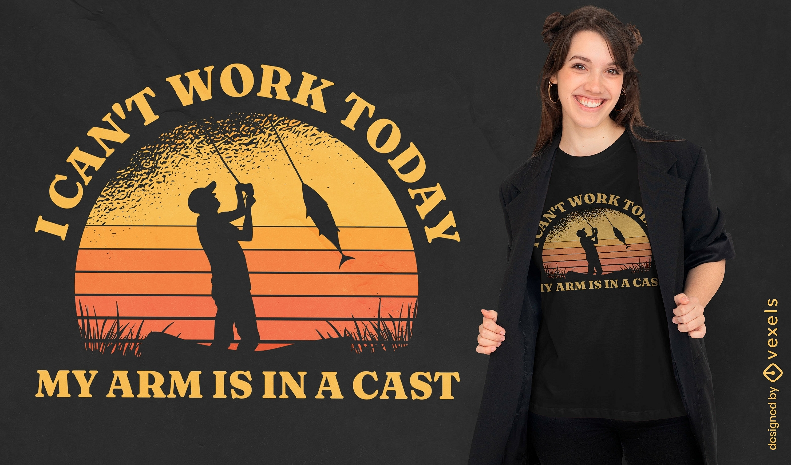 Design de camiseta retrô por do sol com citação de pesca