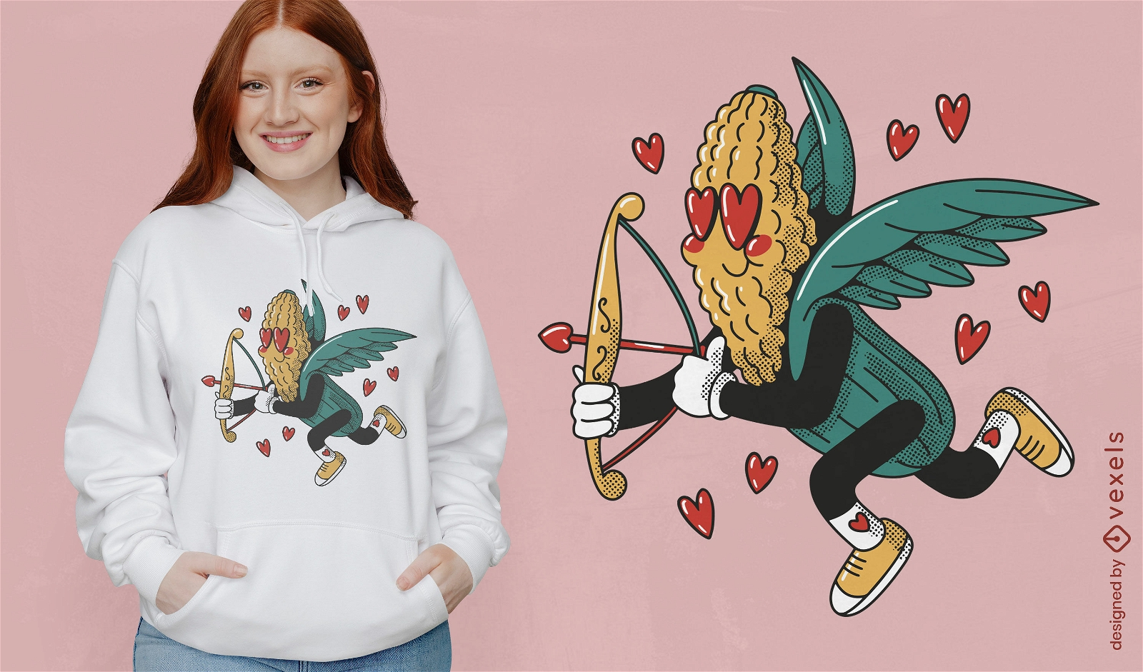 Diseño de camiseta de cupido de maíz de san valentín.