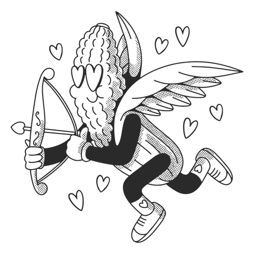 Black and white drawing of an angel with a bow and arrow PNG Design