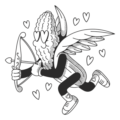 Dibujo en blanco y negro de un ángel con arco y flecha. Diseño PNG