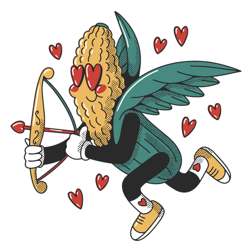 Mais mit Flügeln und einem Pfeil hält ein Herz PNG-Design