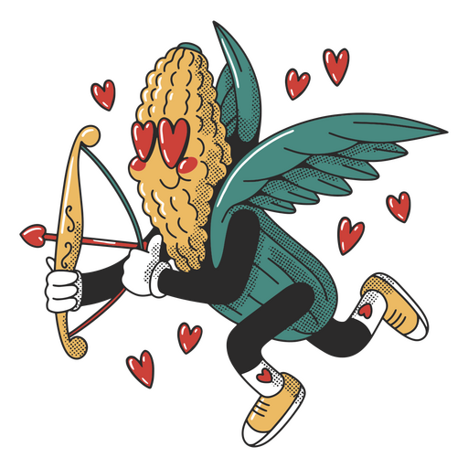 Maíz con alas y una flecha sostiene un corazón. Diseño PNG