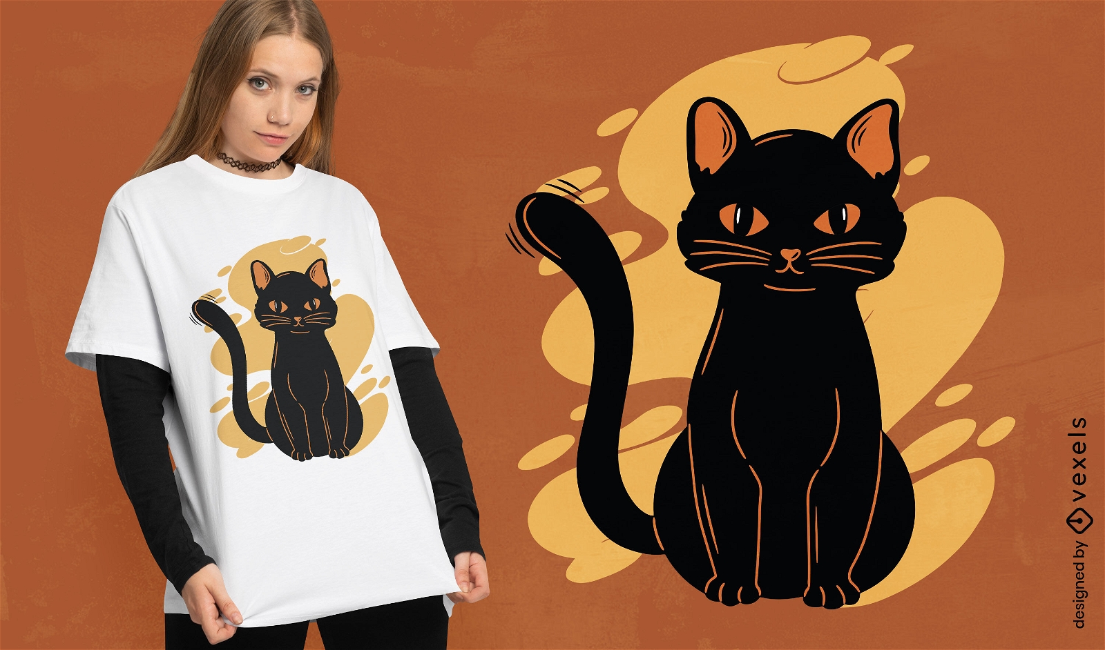 Diseño de camiseta de gato negro y naranja.
