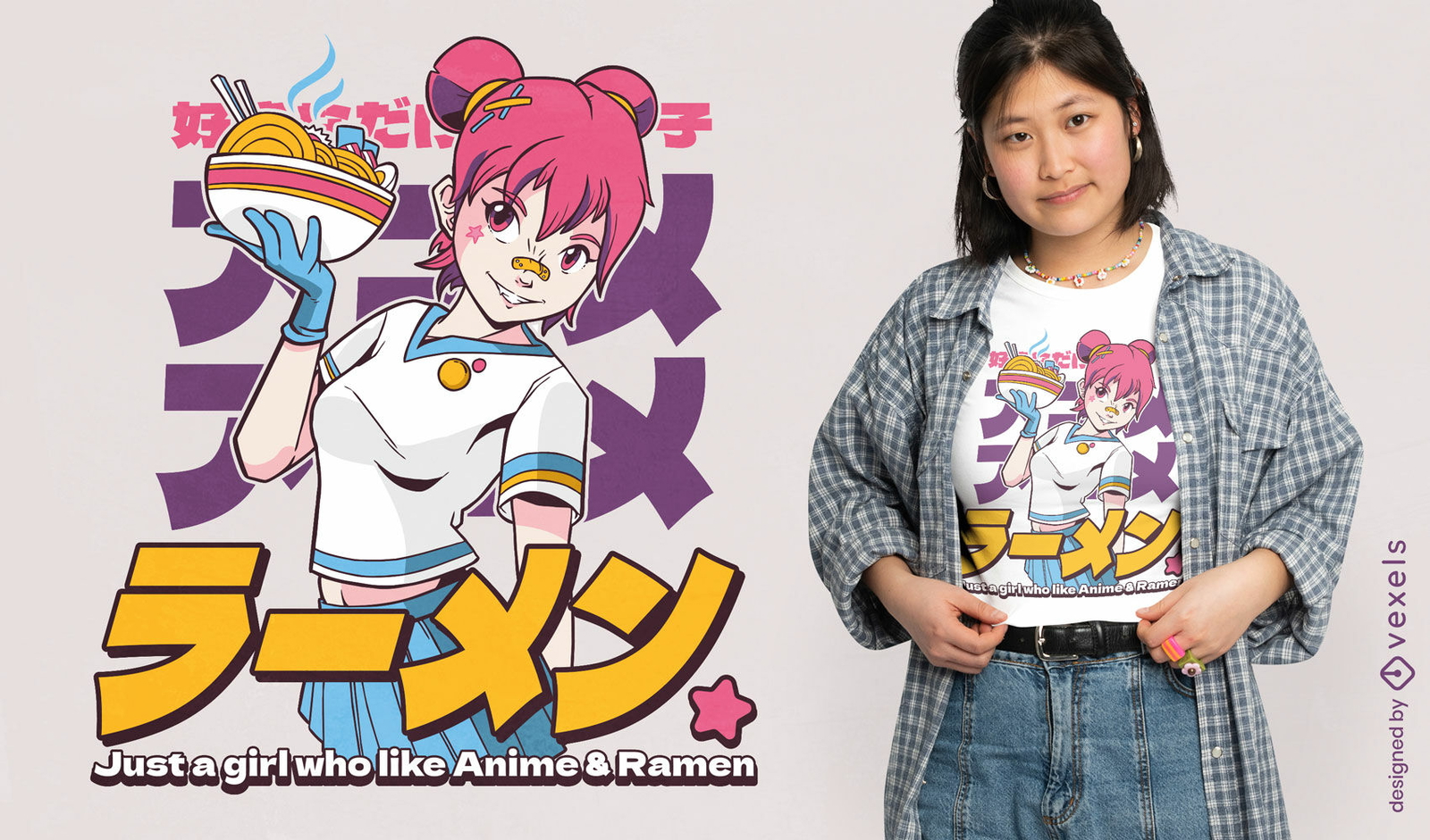 Diseño de camiseta de anime ramen girl