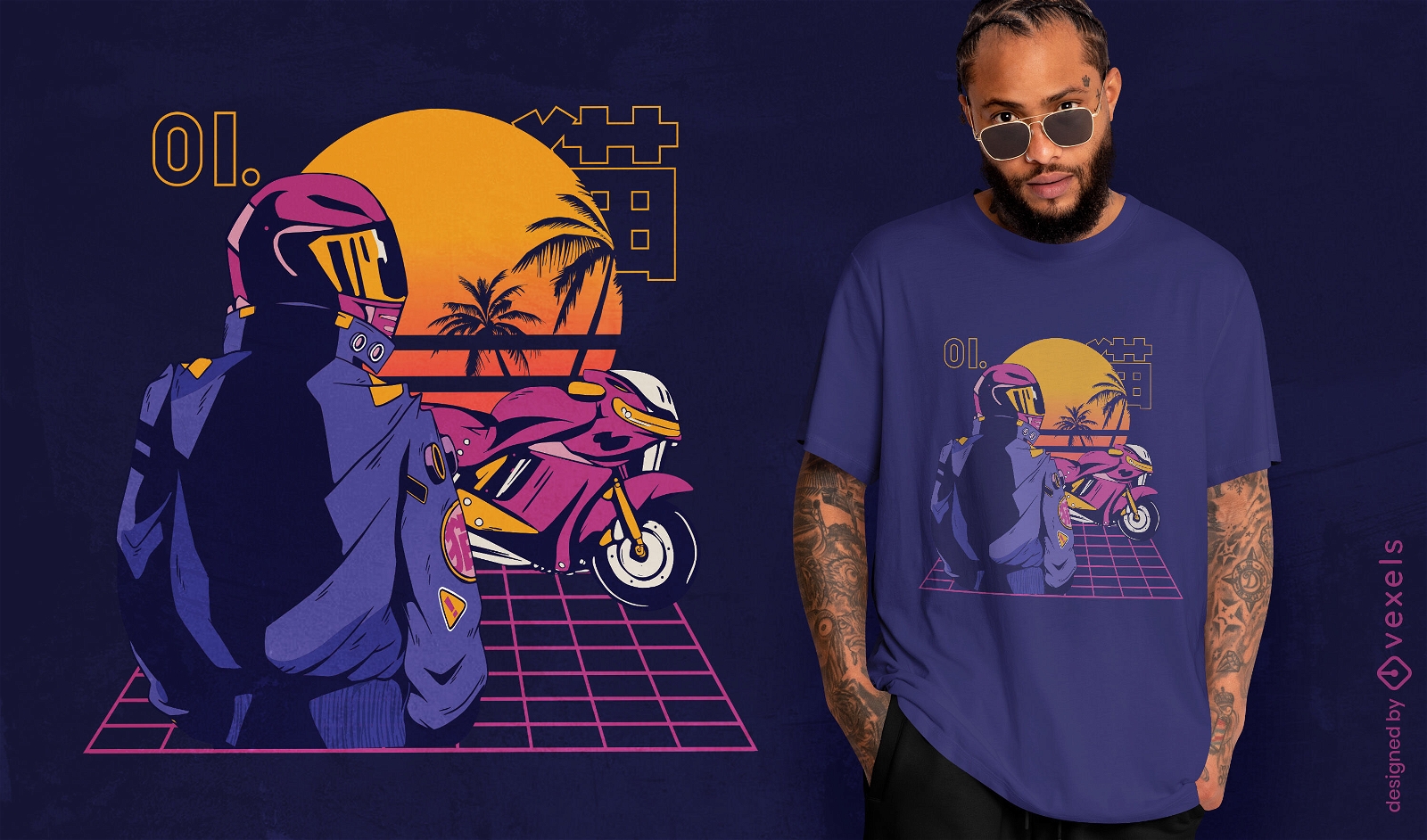 Diseño de camiseta de motociclista Synthwave.