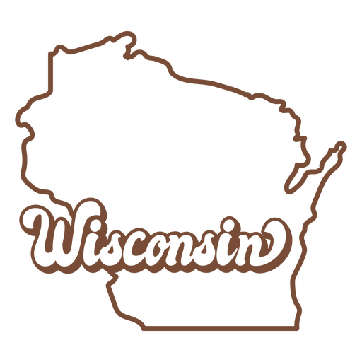 El mapa del estado de Wisconsin en marrón con la palabra Wisconsin. Diseño PNG