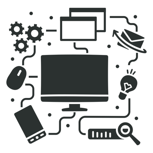 Black and white image of a computer with various gadgets around it PNG Design