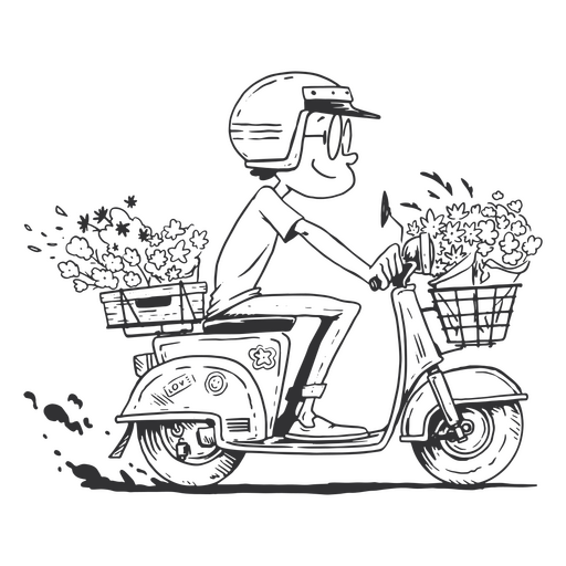 Dibujo en blanco y negro de un hombre montando una scooter con flores. Diseño PNG