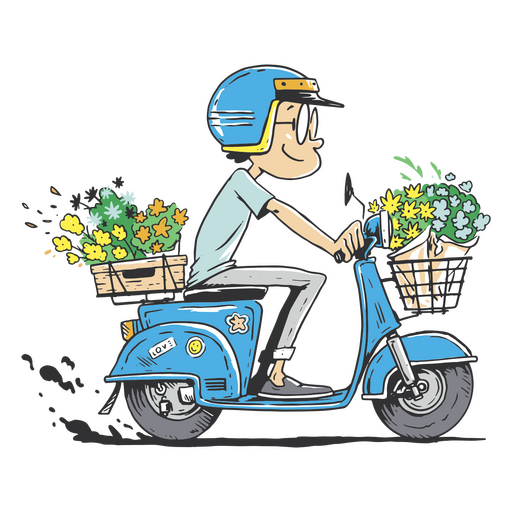 Niño andando en scooter con flores en su canasta Diseño PNG