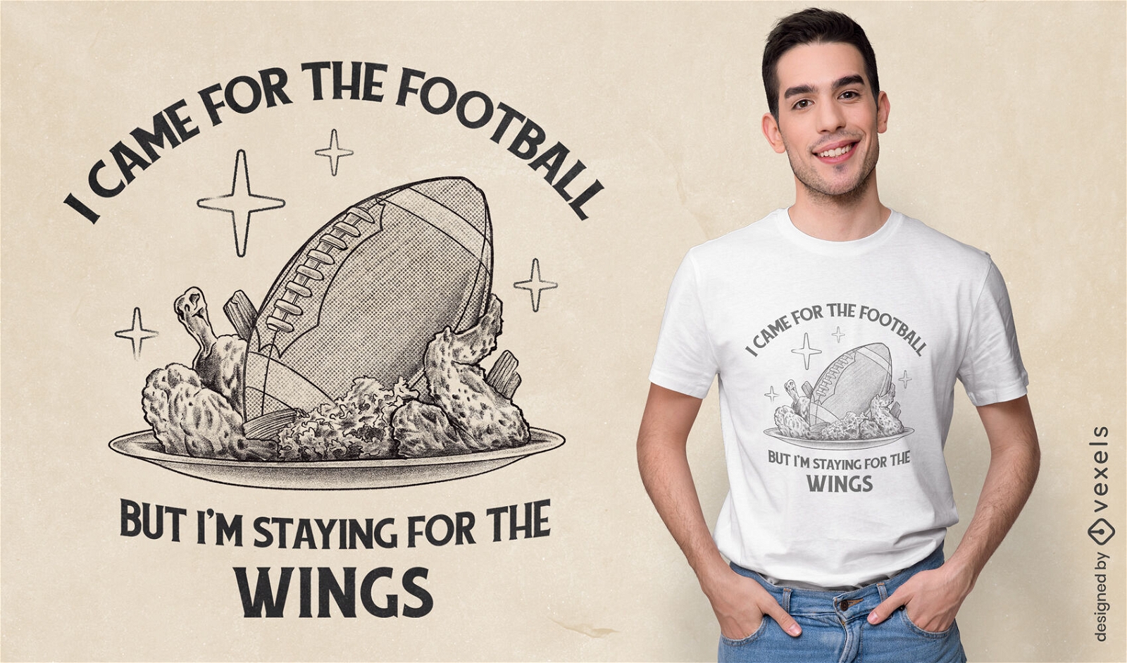 Design de camiseta com cita??o de asas de frango de futebol