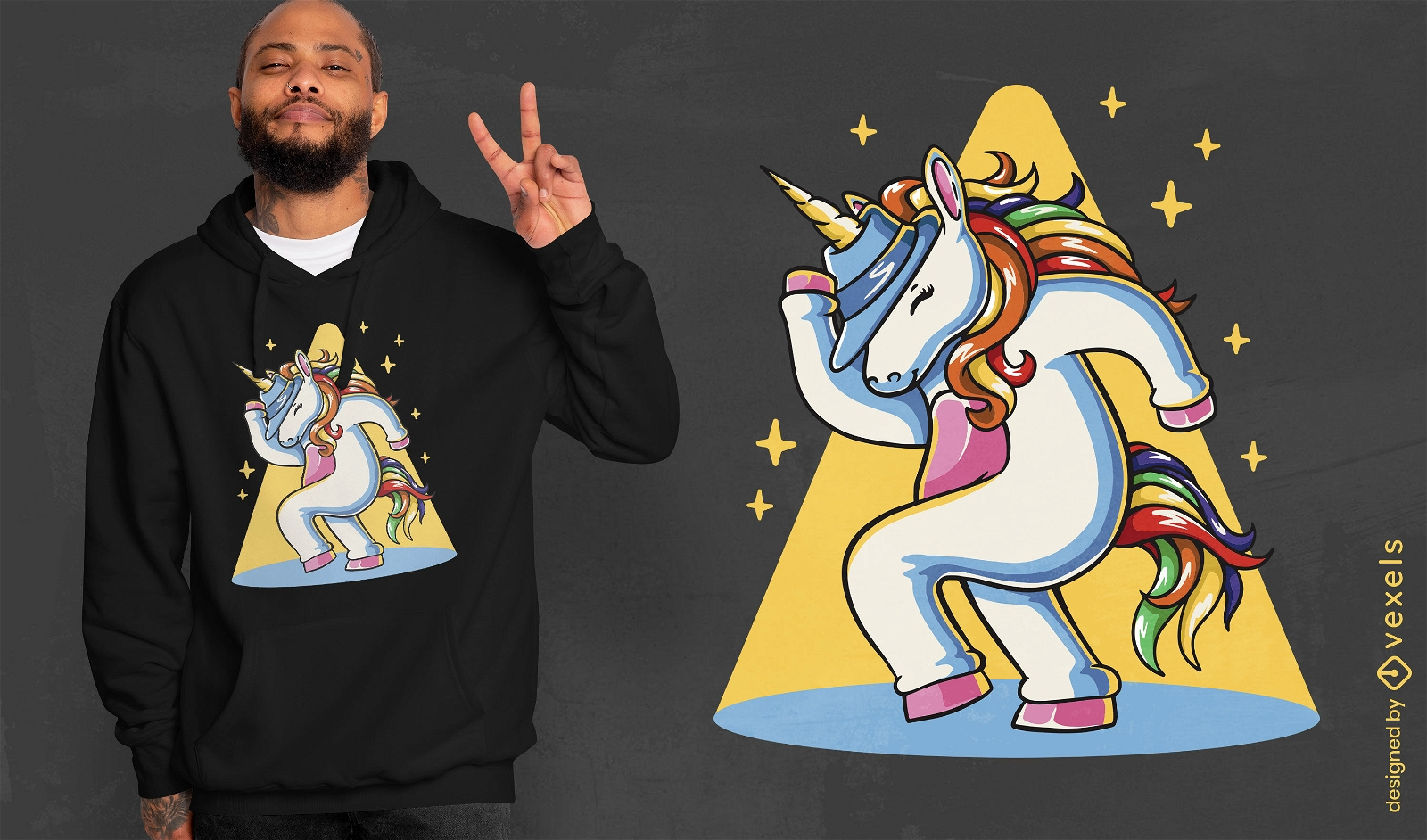 Diseño de camiseta de unicornio bailando.