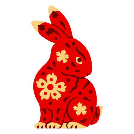 Vibrant red rabbit illustration with floral patterns PNG Design