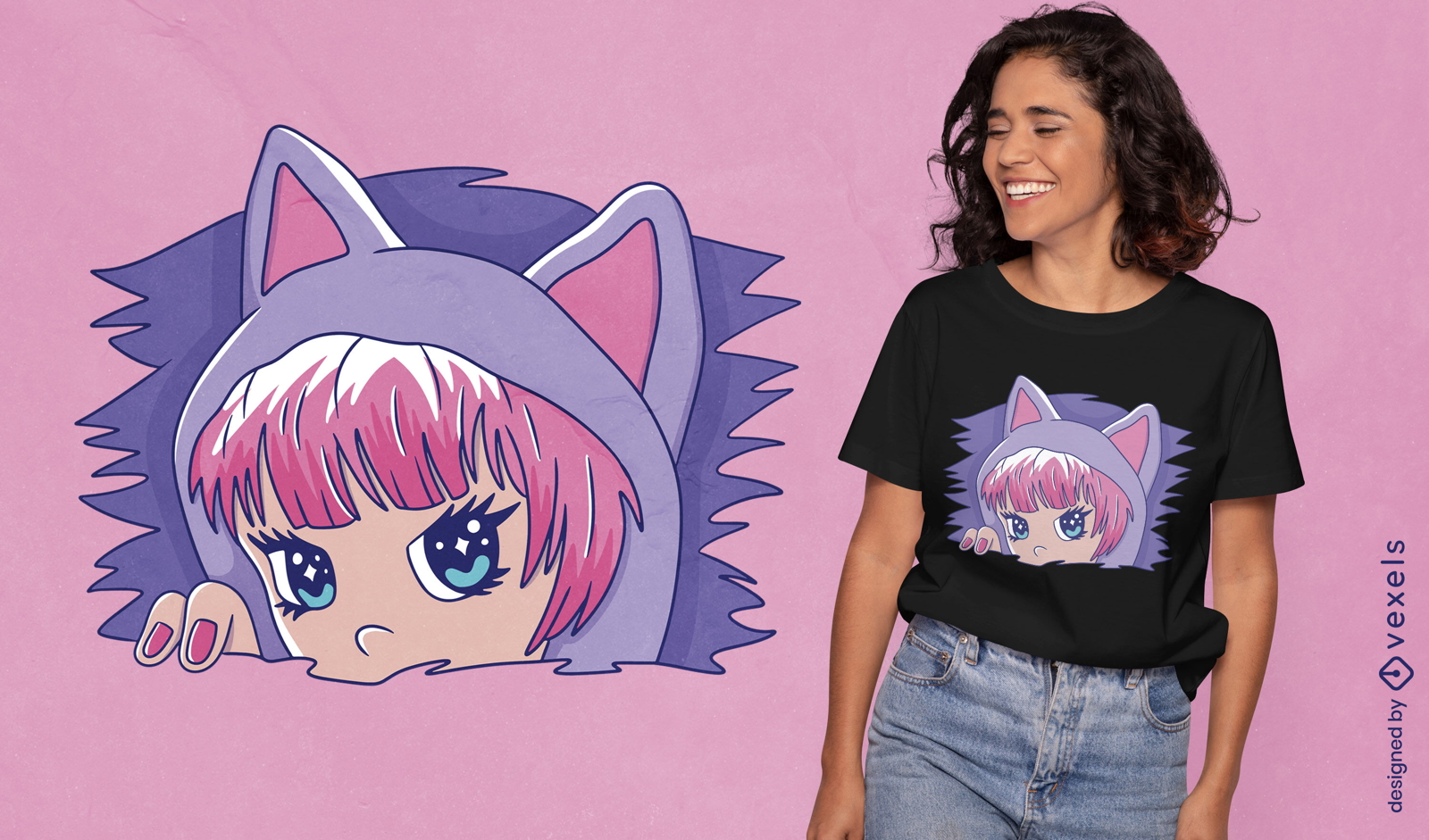 Diseño de camiseta de chica anime con orejas de gatito.