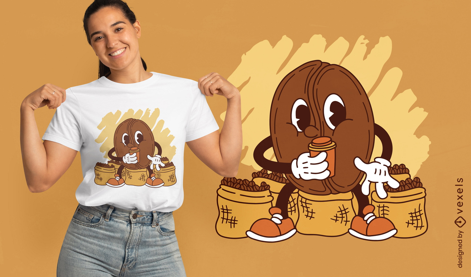 Diseño de camiseta de dibujos animados de granos de café.