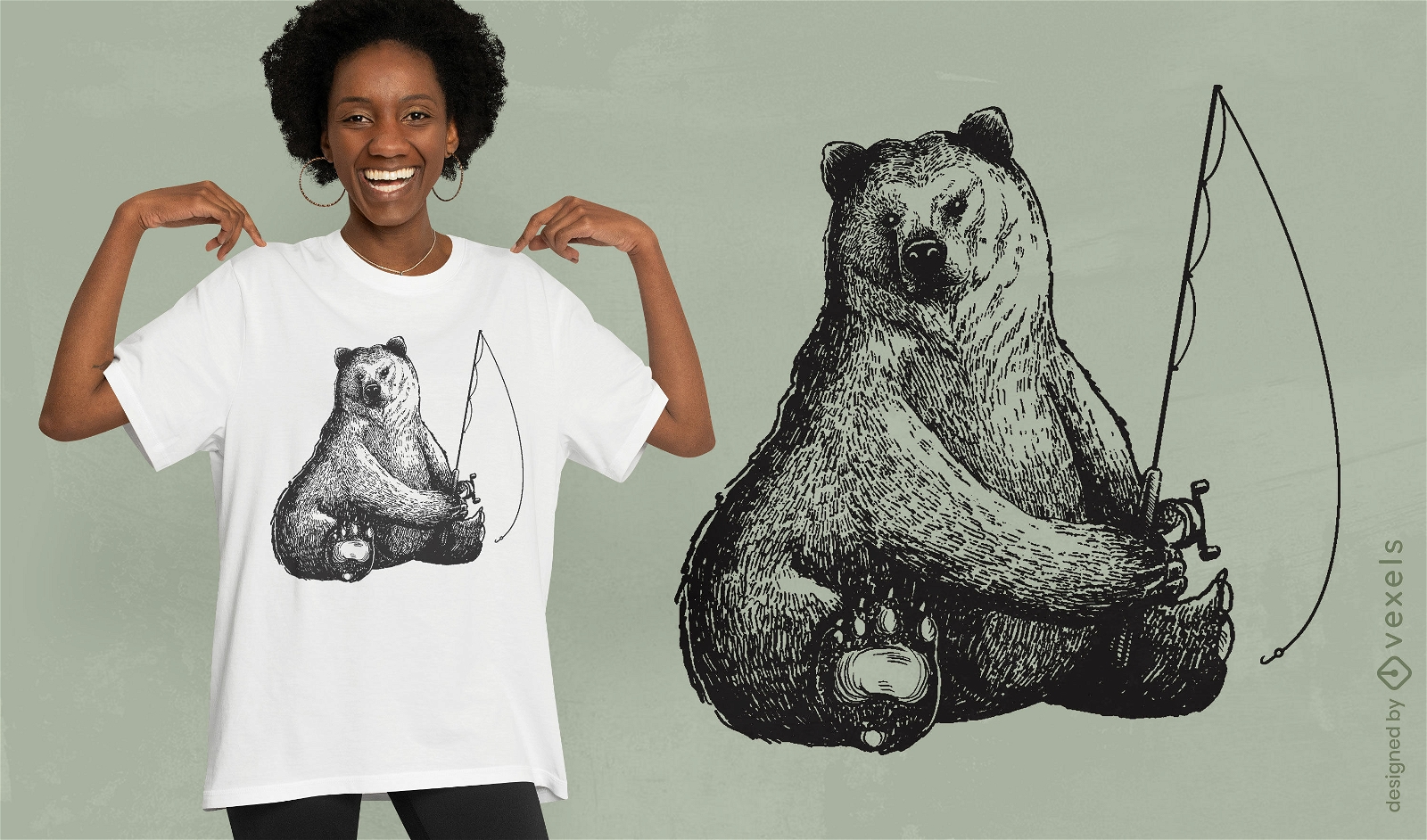 Diseño de camiseta de pesca de animales de oso pardo.