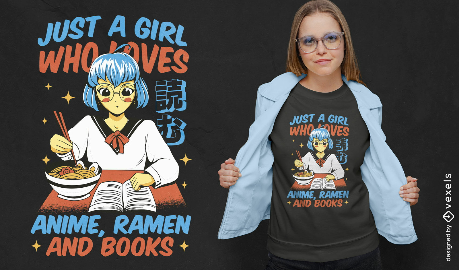 Diseño de camiseta de anime ramen y amante de los libros.