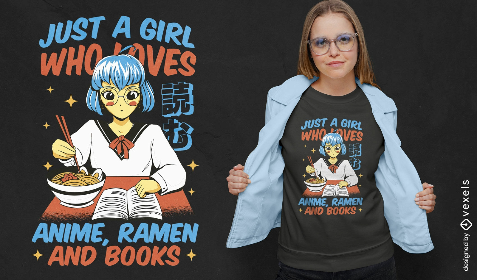 Ramen de anime e design de camiseta para amante de livros