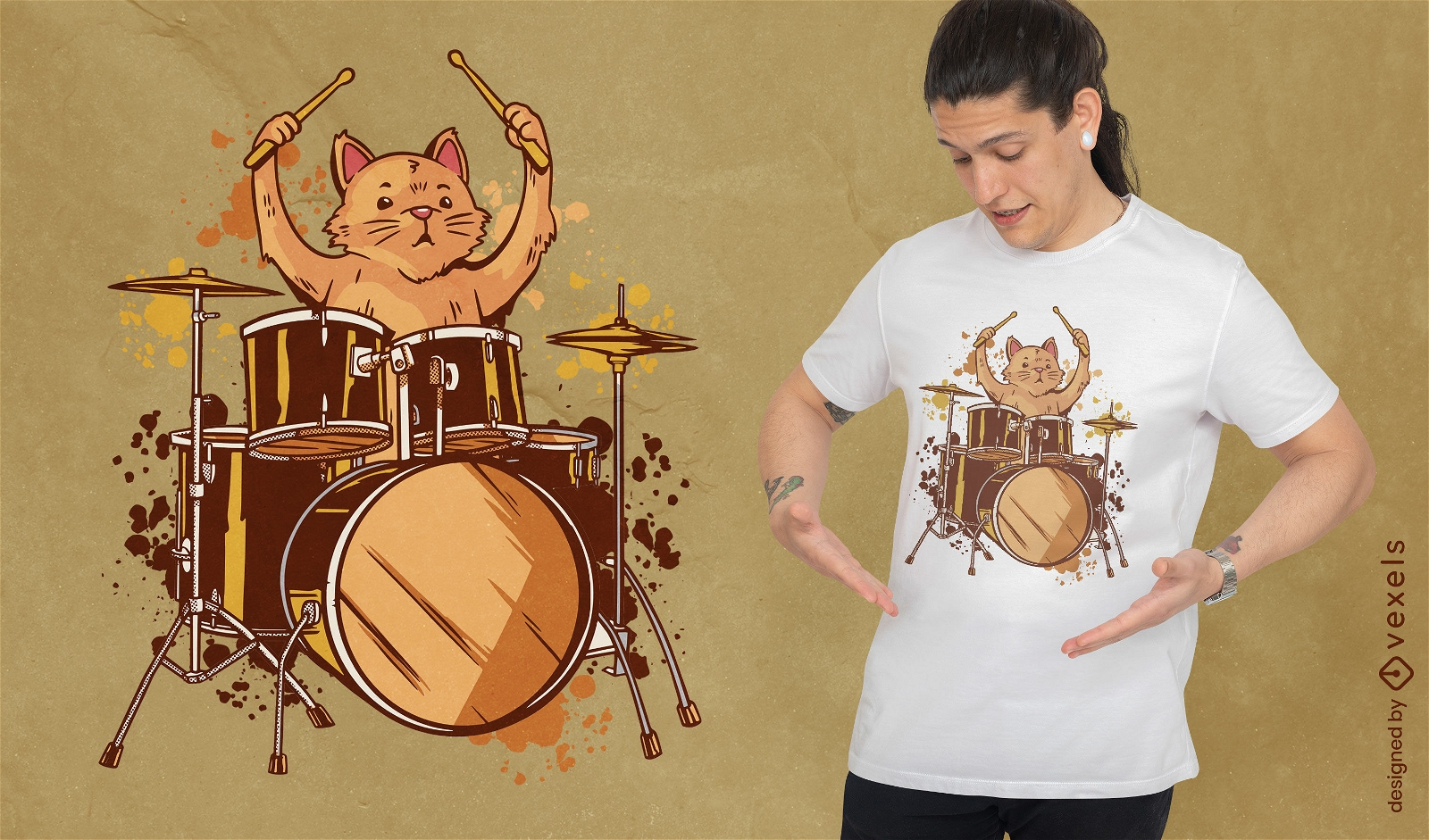 Diseño de camiseta de música de gato baterista.