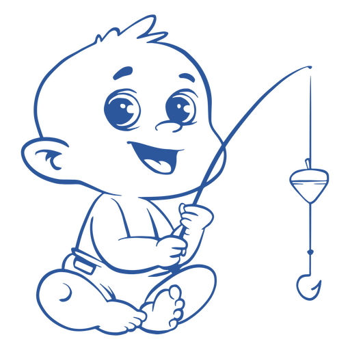 Blue drawing of a baby boy fishing PNG Design