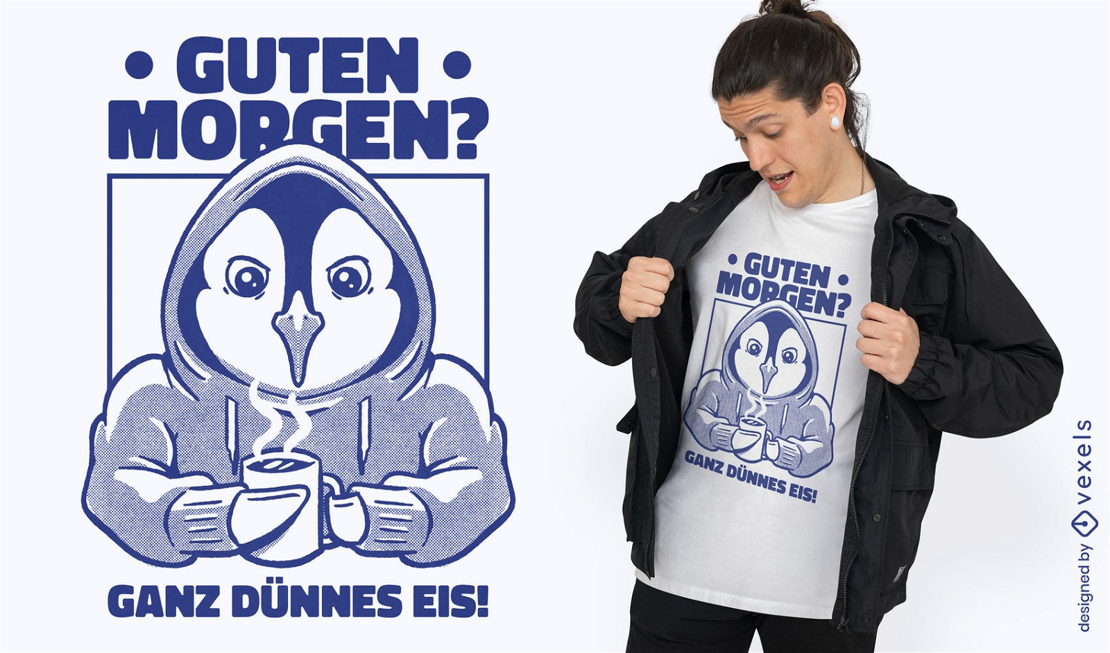 Diseño de camiseta de pingüino bebiendo café.