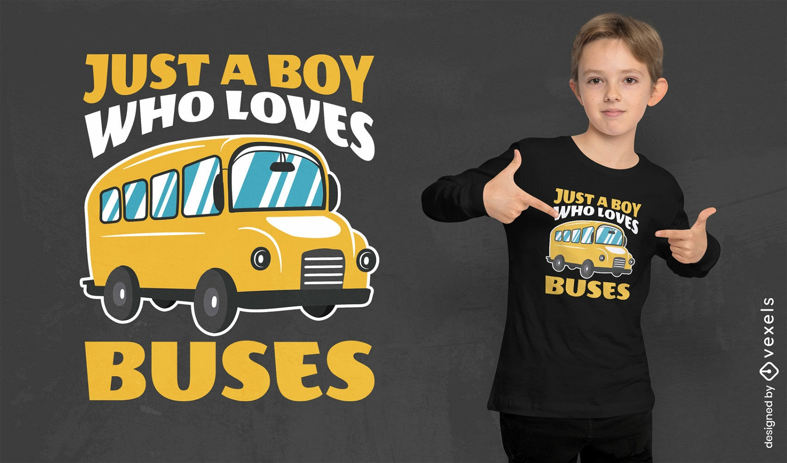 Chico que ama el diseño de la camiseta de los autobuses.