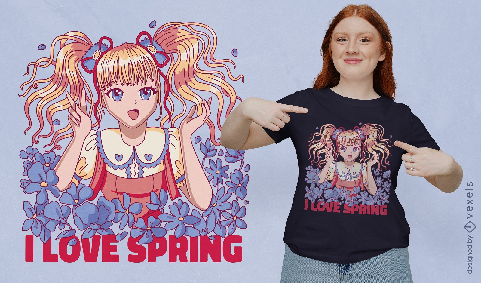 Diseño de camiseta de primavera de chica anime.