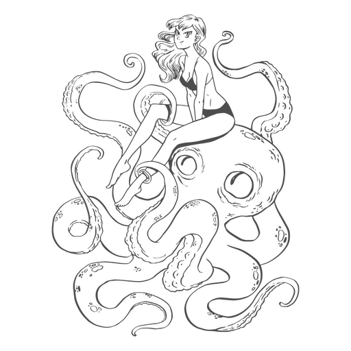 Black and white drawing of a woman riding an octopus PNG Design