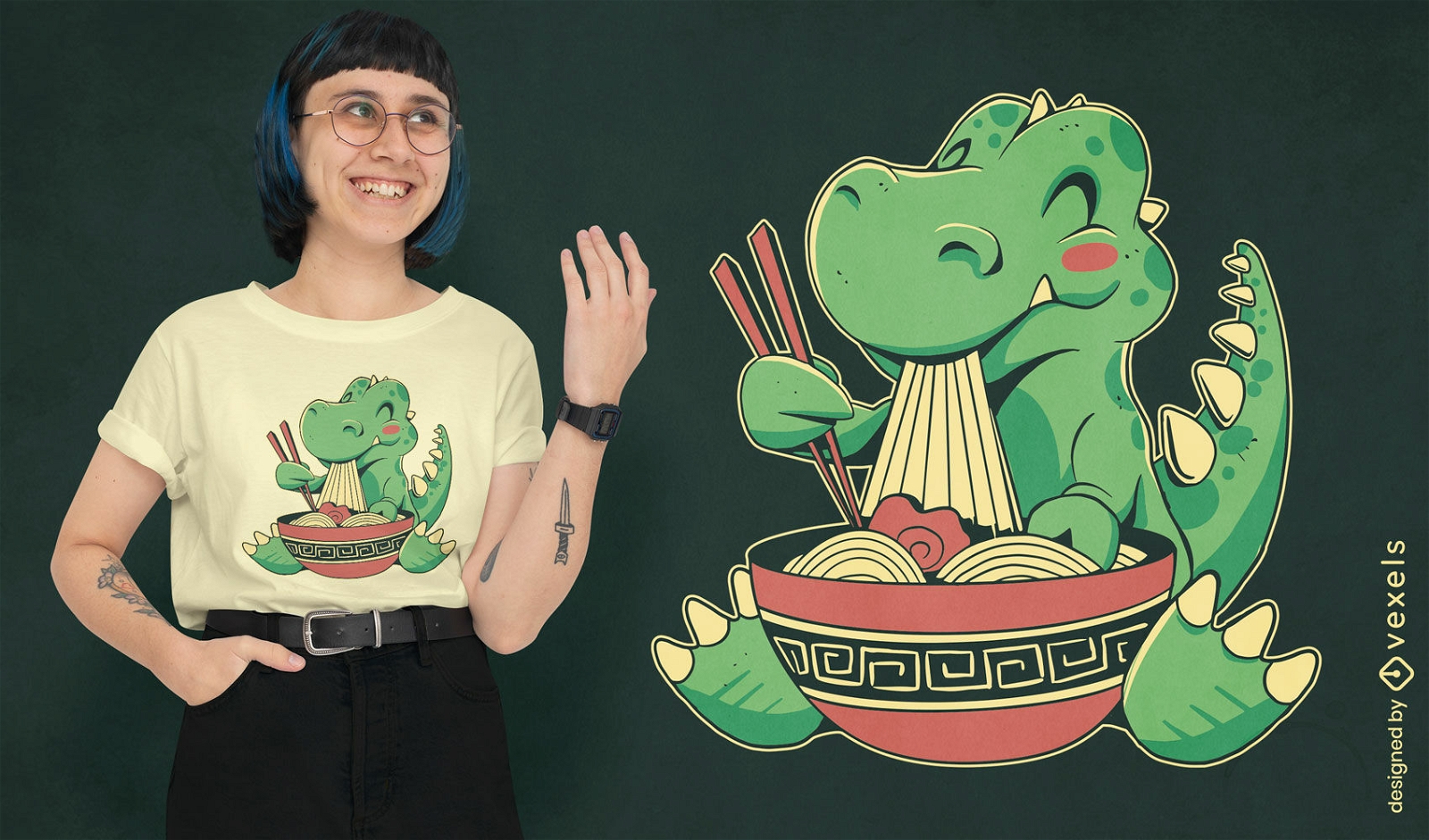 T-rex comendo macarrão ramen design de camiseta