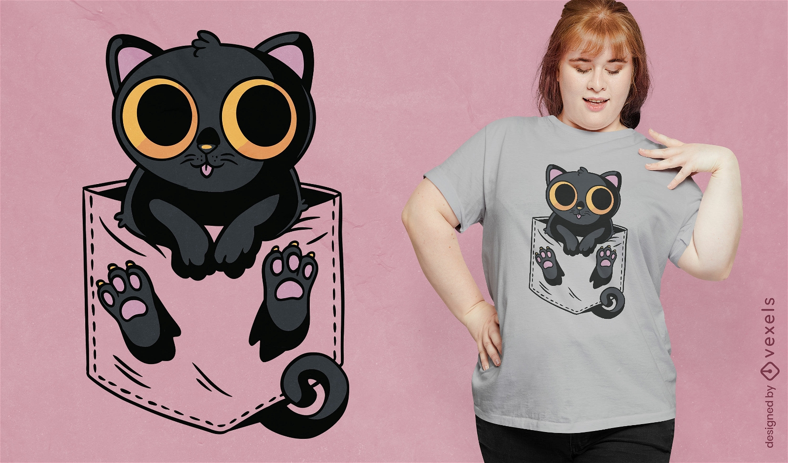Gato negro en un diseño de camiseta de bolsillo.