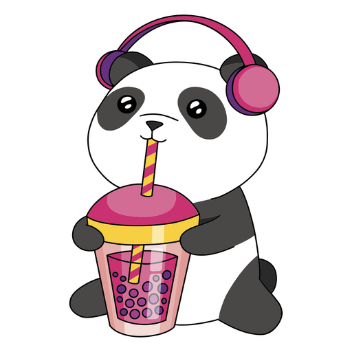 Panda with headphones holding a cup of bubble tea PNG Design