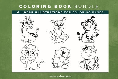 Animais bonitos dos desenhos animados, páginas de design de livros para colorir