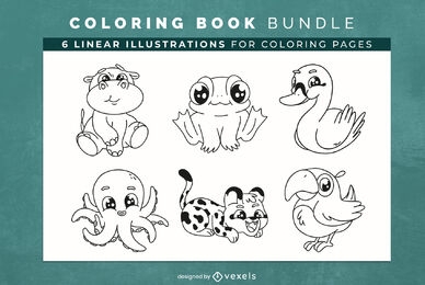 Personagens de animais fofos páginas de design de livros para colorir
