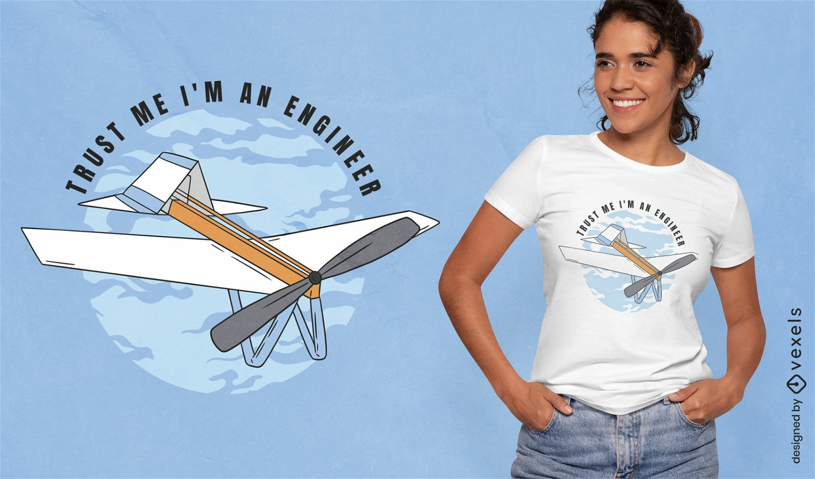Diseño de camiseta de avión de papel volando en el cielo.