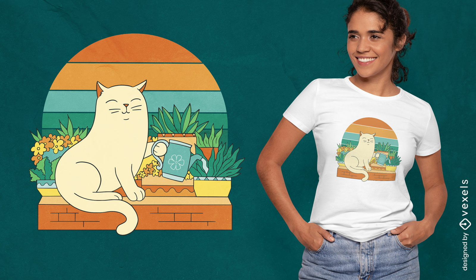 Niedliches Katzenbewässerungspflanzen-T-Shirt Design