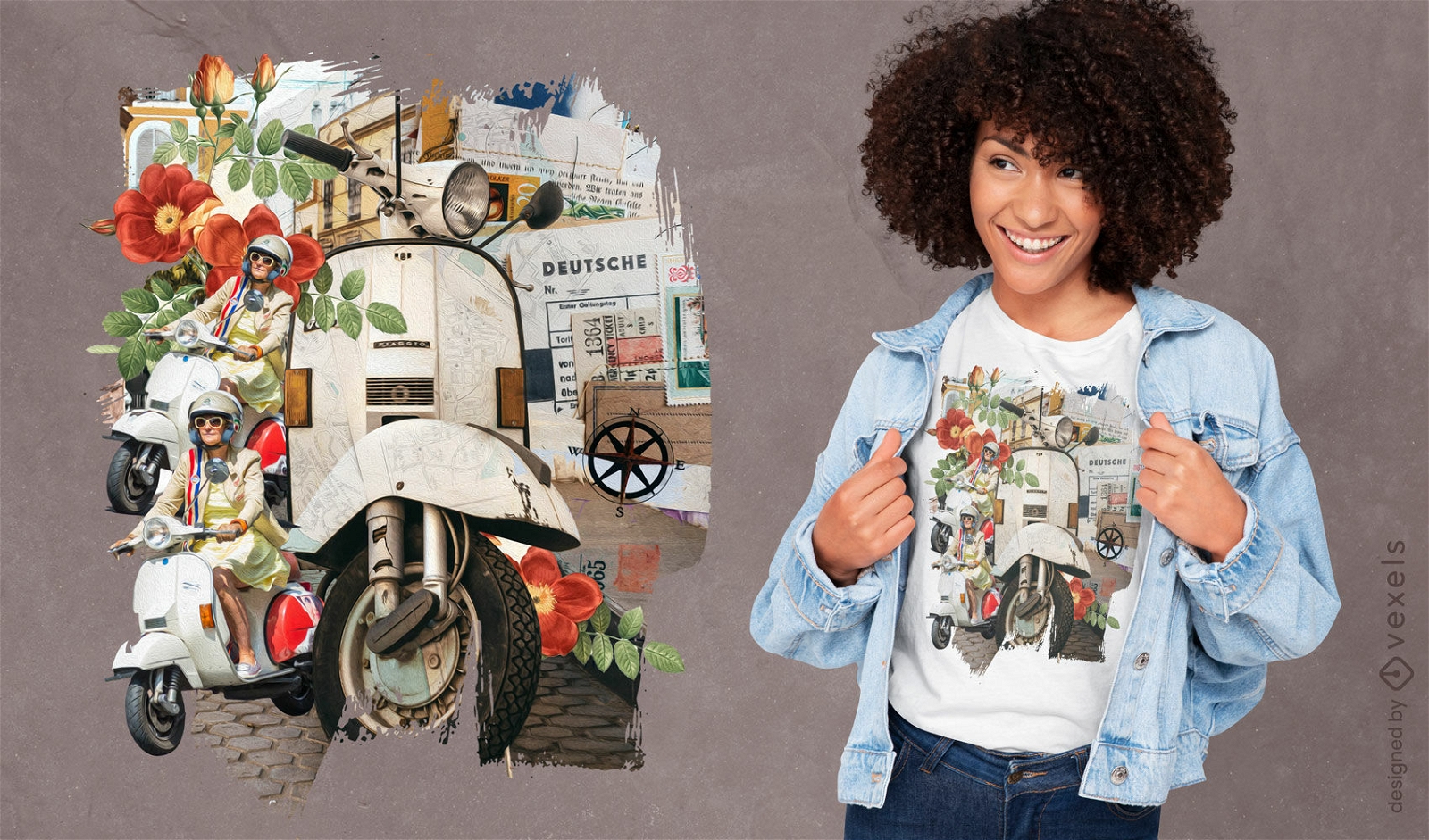Blumen-Motorrad-Collage PSD T-Shirt-Design