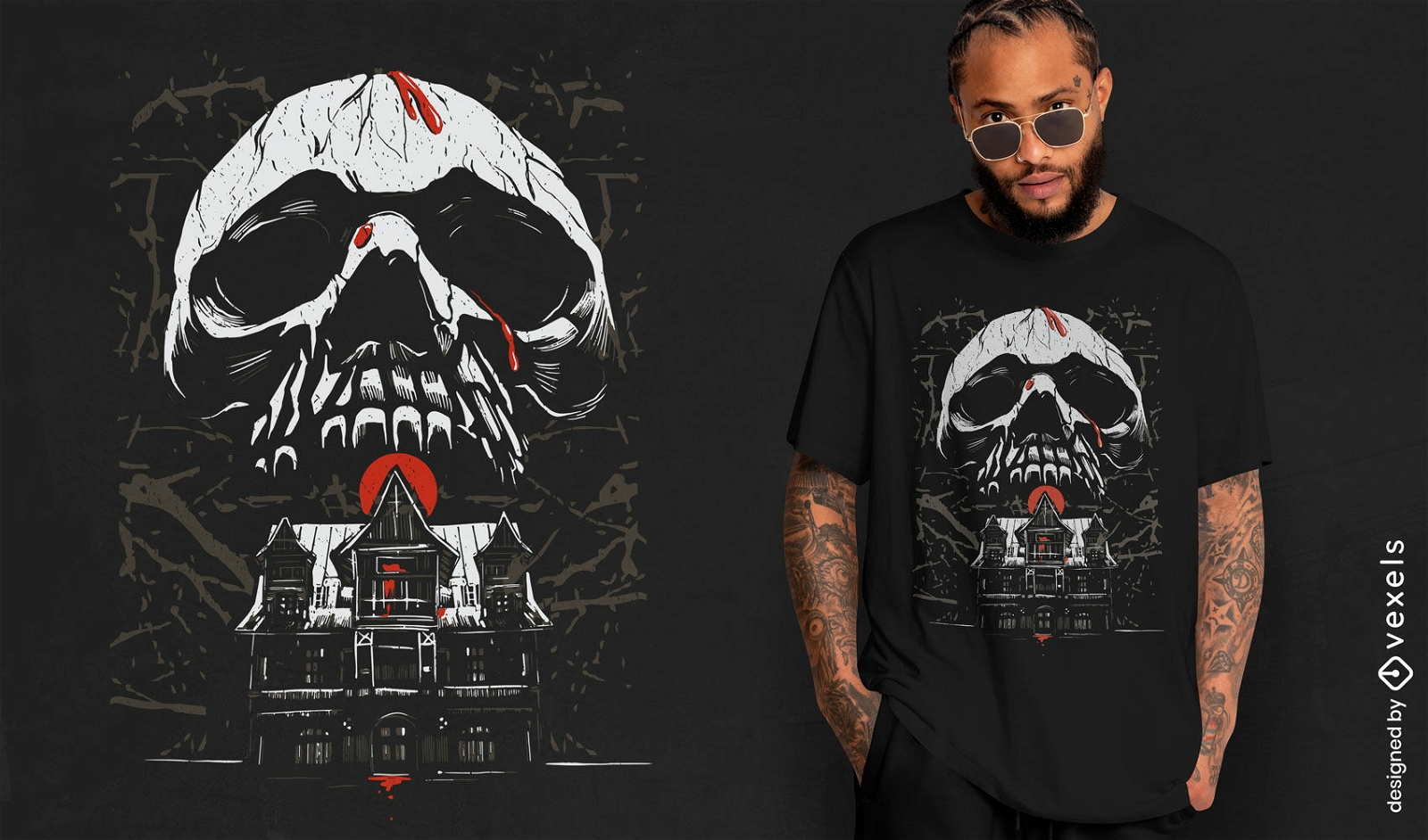 Totenkopf- und Spukhaus-T-Shirt-Design