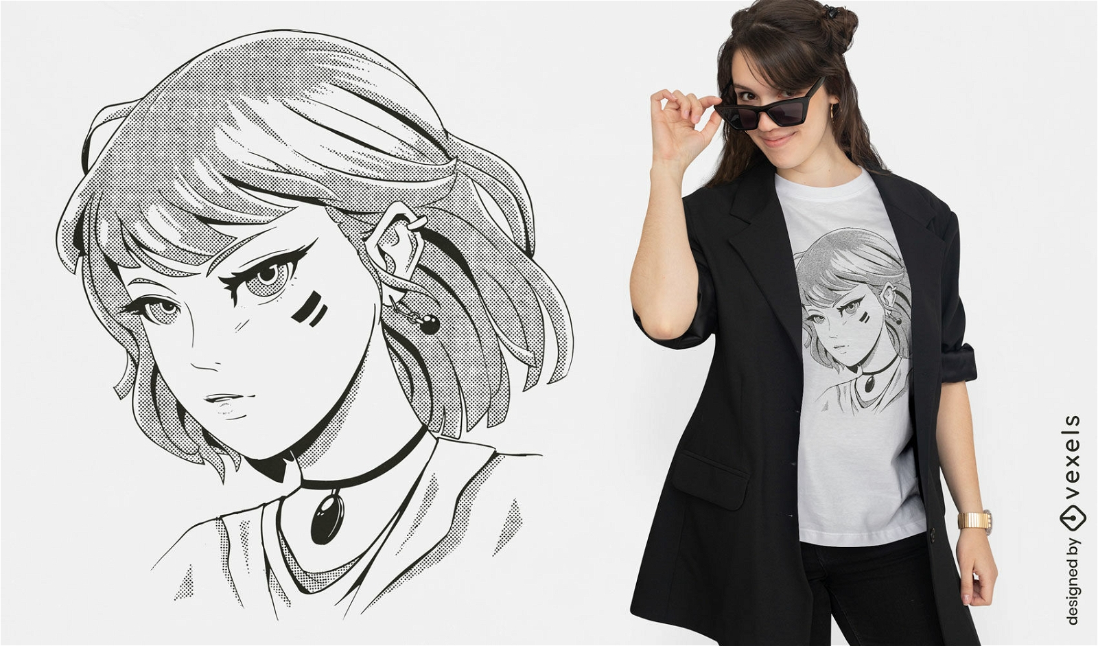 Diseño de camiseta monocromática de chica anime.