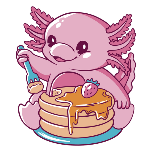 Pink axolotl eating pancakes PNG Design