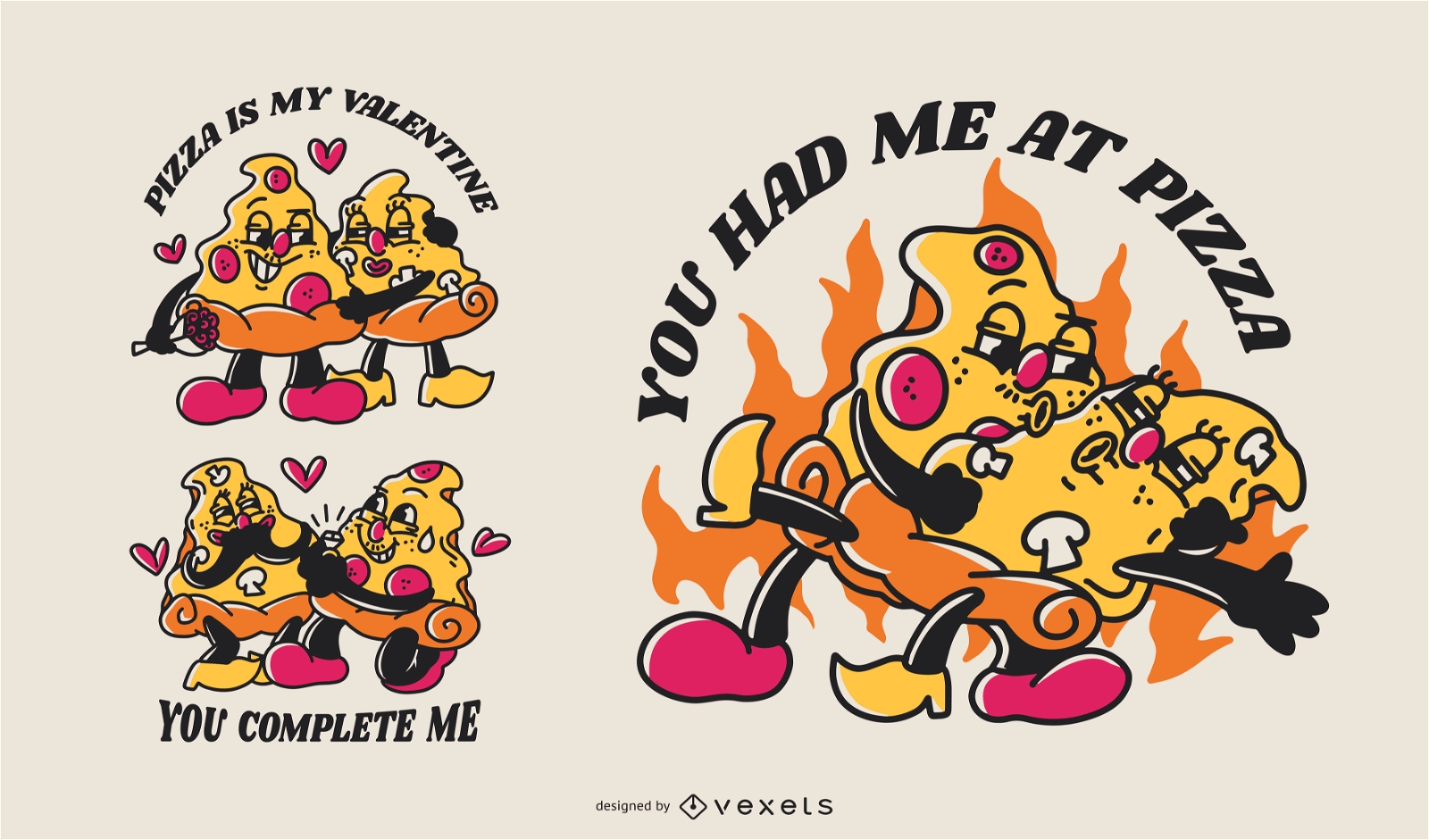 Conjunto de día de san valentín de comida de pizza de dibujos animados