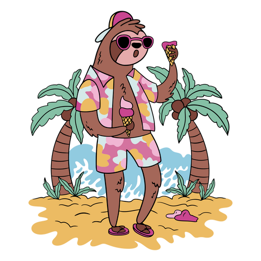 Sloth wearing sunglasses and holding an ice cream PNG Design