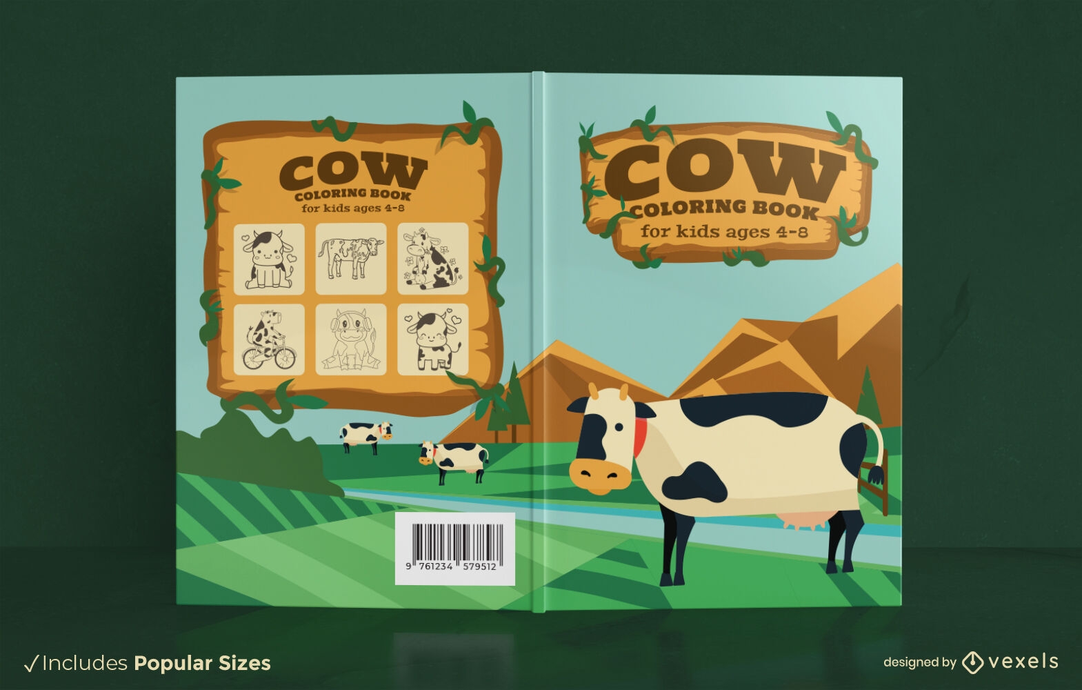 Dise?o de portada de libro de dibujos animados de animales de granja de vacas