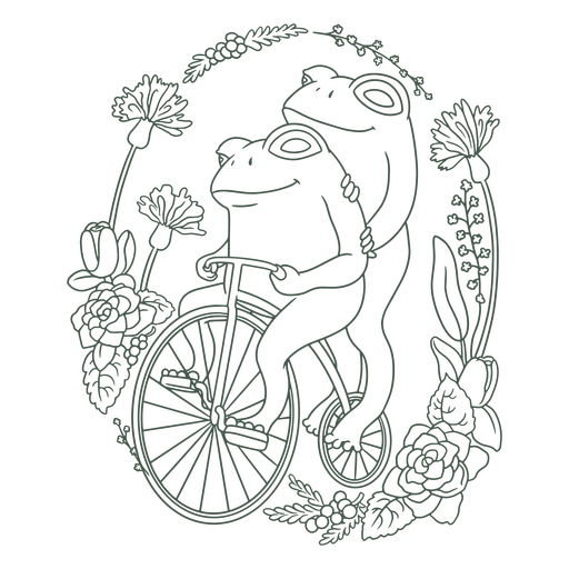 Dos ranas en bicicleta con flores. Diseño PNG