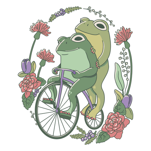Dos ranas en bicicleta rodeadas de flores. Diseño PNG