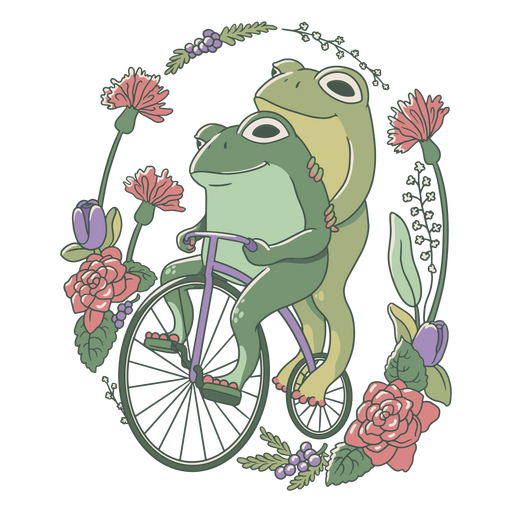 Zwei Frösche auf einem Fahrrad, umgeben von Blumen PNG-Design