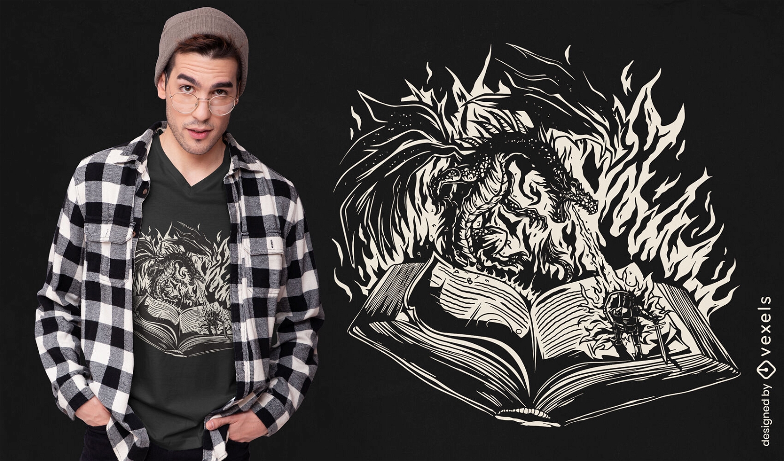 Design de camiseta de livro de dragão de fogo