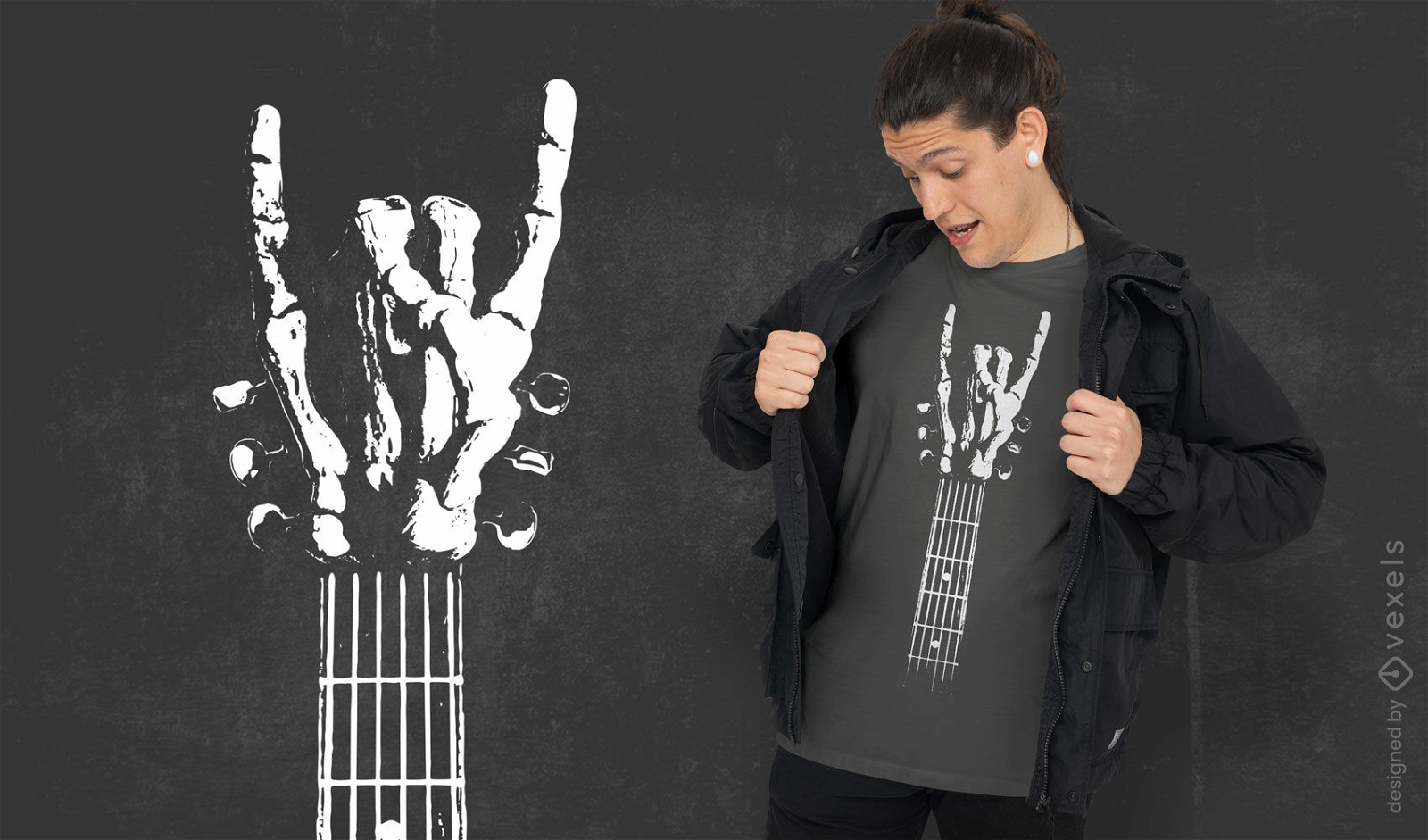 Diseño de camiseta de guitarra esqueleto de rock.