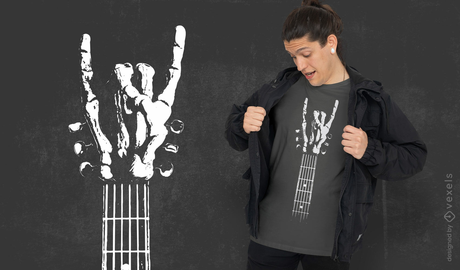 Diseño de camiseta de guitarra esqueleto de rock.