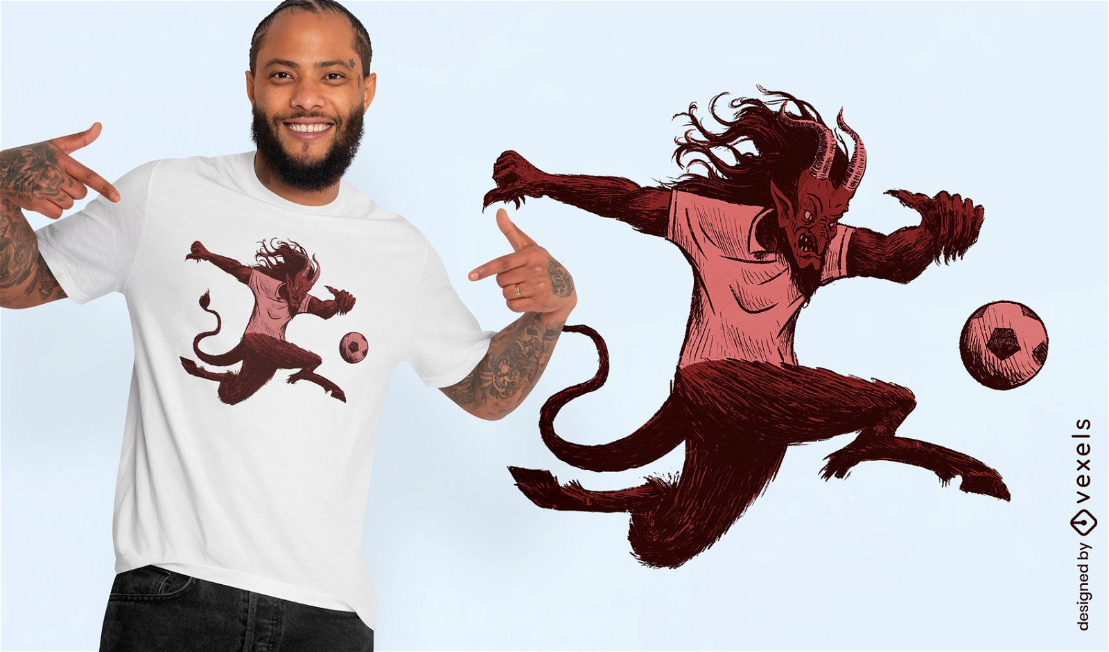 Diseño de camiseta de demonio jugando al fútbol.